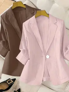 Women's Two-Piece Plain Color Fashion Lapel Half-Sleeve Blazer Jacket, Spring Summer Commuter Wear, Fitted Outerwear