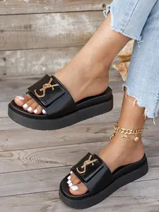 Women's Summer Thick Sole Sandals, Outdoor Beach Anti-Slip Slippers, Letter Design, Indoor & Outdoor Use, Comfortable Home Footwear