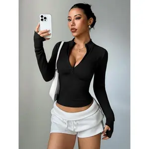 Women's Half-Zip Thumb Hole Sports Jacket, High Elastic Breathable Comfort Fashion Yoga Top, Stand Collar Outerwear Sportswear, High Elasticity Jacket