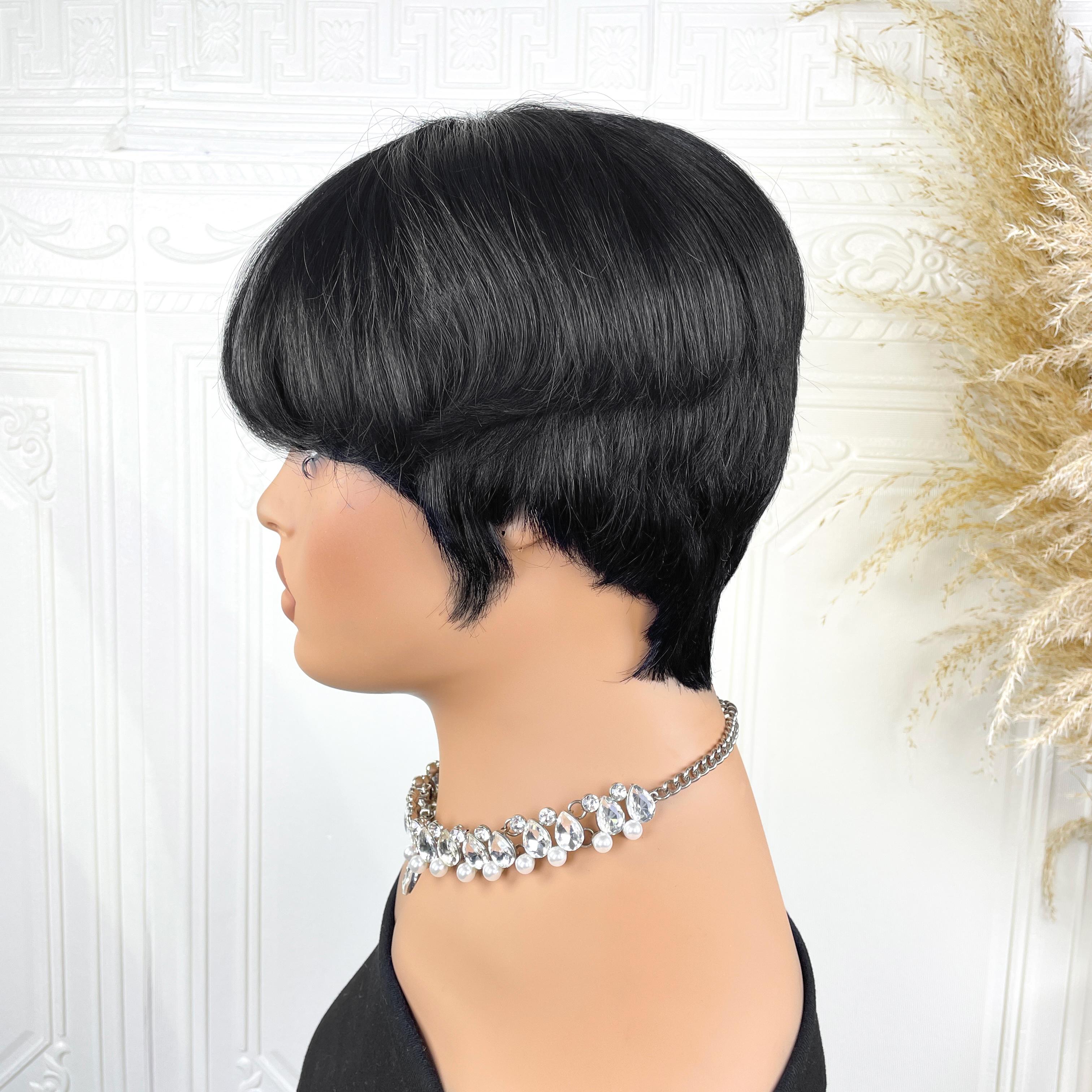 OPQHAIR Natural Black  Straight Hair Women' Glueless Short Pixie Wig Human Hair Bob with Bangs Suitable for Summer, Music Festivals, Parties