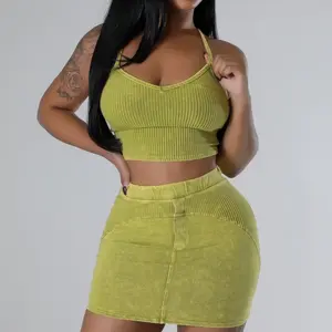 Women Olive Green skirt top  Comfortable open back matching set Womenswear Casual