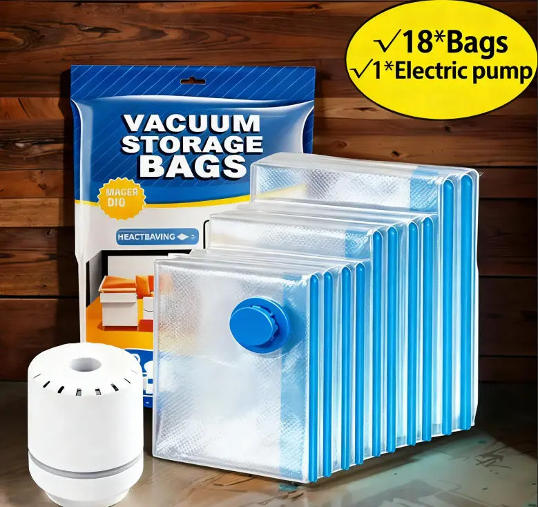 18-Bag Storage Set with Electric Pump, Varied Sizes Vacuum Compression Bags, Dustproof Reusable Waterproof Clothes Organizers, Space Saving Room Accessories