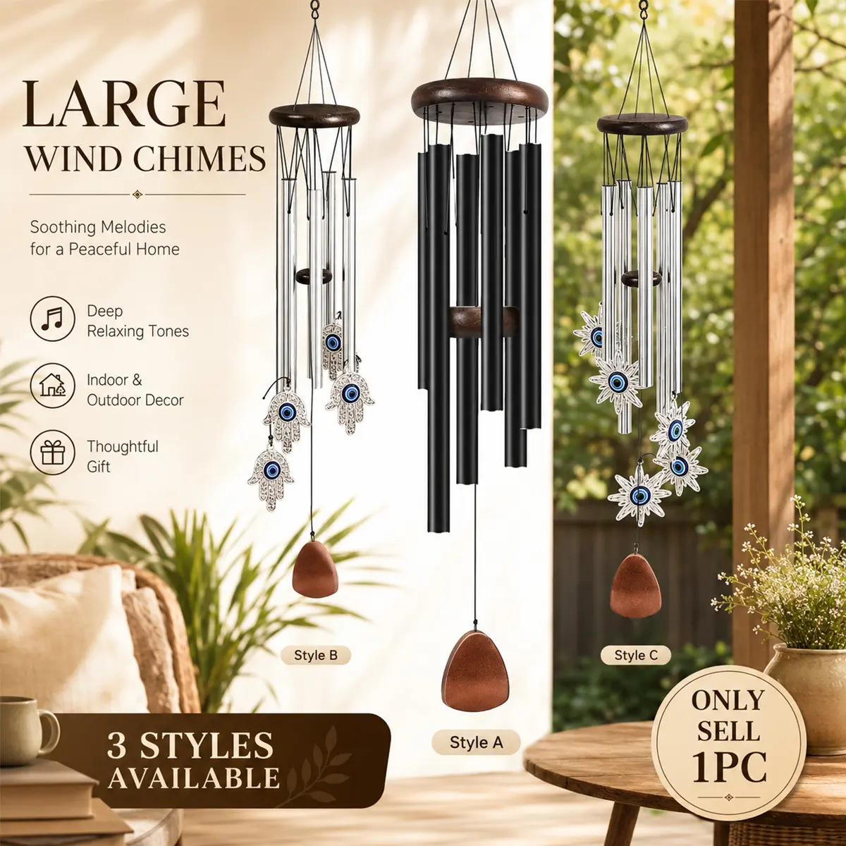 Large Metal Wind Chimes, 26.7", Create a Zen Atmosphere, Classic Wind Chime with Wind Catcher, 6 Classic Aluminum Tubes, Have Excellent Sound, Suitable as a Unisex Gift, Decorative Outdoor Decoration, Garden Accessories, for Outdoor, Garden