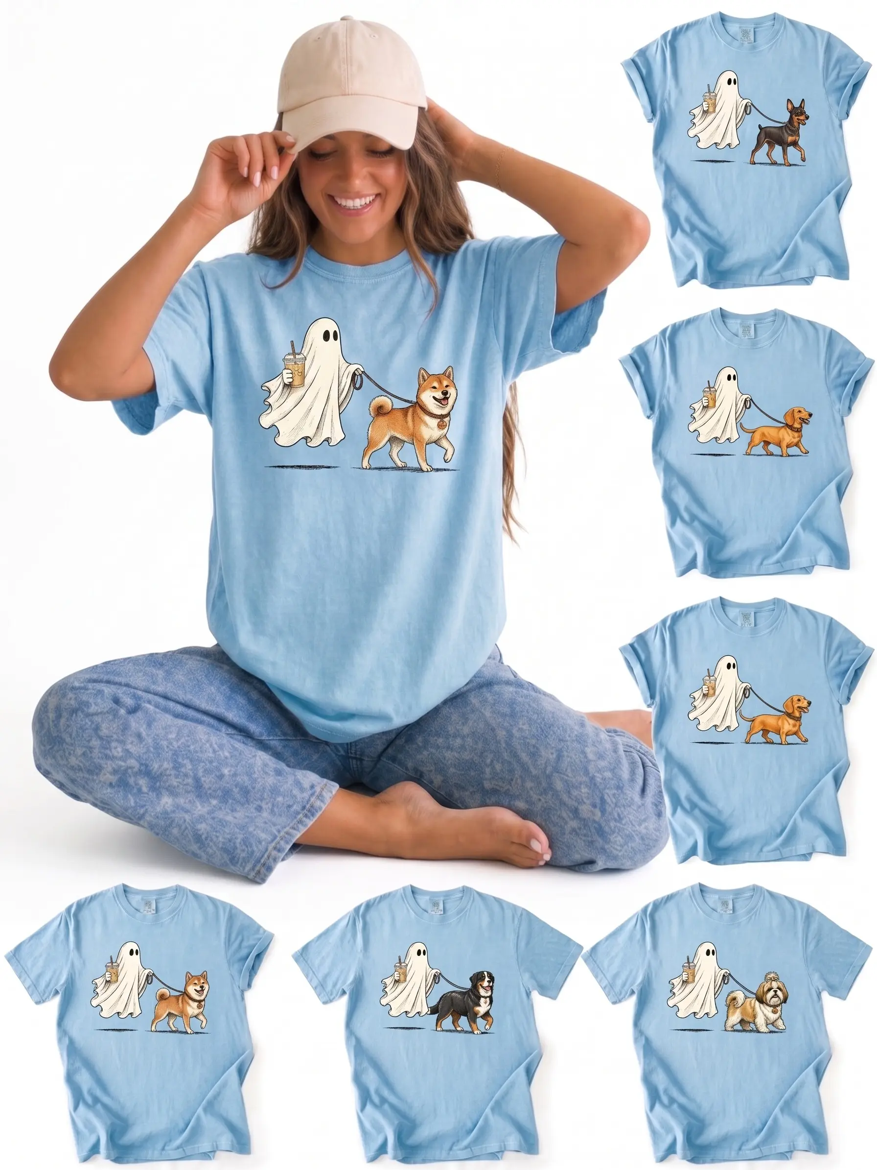 Retro Ghost Coffee and Dog Walk Tee Unisex T-Shirt 30+ Dog Breeds