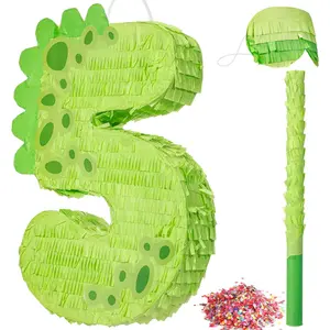 16 Inch Dinosaur Piñata Number Piñata for Boys Birthday Party Supplies with Bat and Eye Mask for Dinosaur Birthday Party Dino Decorations, Animal Theme Party Supplies(5)