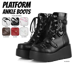 Ankle Boots For Women Platform Boot Round Toe Chunky Wedge Heel Lace Up Side Zipper Punk Party Casual Festival Outdoor Motorcycle Y2k Trendy Short Boots