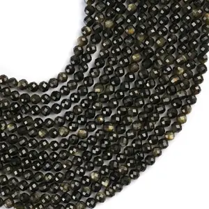 Natural Golden Obsidian Gemstone Round Micro Faceted Beads String 15.5 Inches Long 2/3/4/6 MM for Jewelry Making and Crafting - AS & JG
