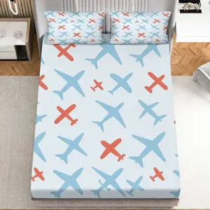 3Pcs Airplane Pattern Sky Theme Travel Fitted sheet Three Piece Set (1*Fitted Sheet+2*Pillowcases, Coreless), Aviation theme, Travel Bedding Set, Mattress protector Soft, Breathable