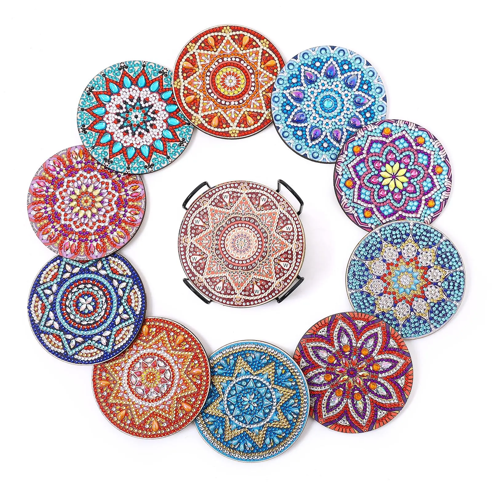 10 pieces/sets of DIY crystal sparkling decorative diamond painting coasters wooden with stands, suitable for adult office coffee MATS, family coasters, craft items, gifts, 10cm*10cm/3.94inch*3.94inch