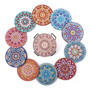 10 pieces/sets of DIY crystal sparkling diamond painting coasters wooden with stands, suitable for adult office coffee MATS, family coasters, craft items, gifts, 10cm*10cm/3.94inch*3.94inch