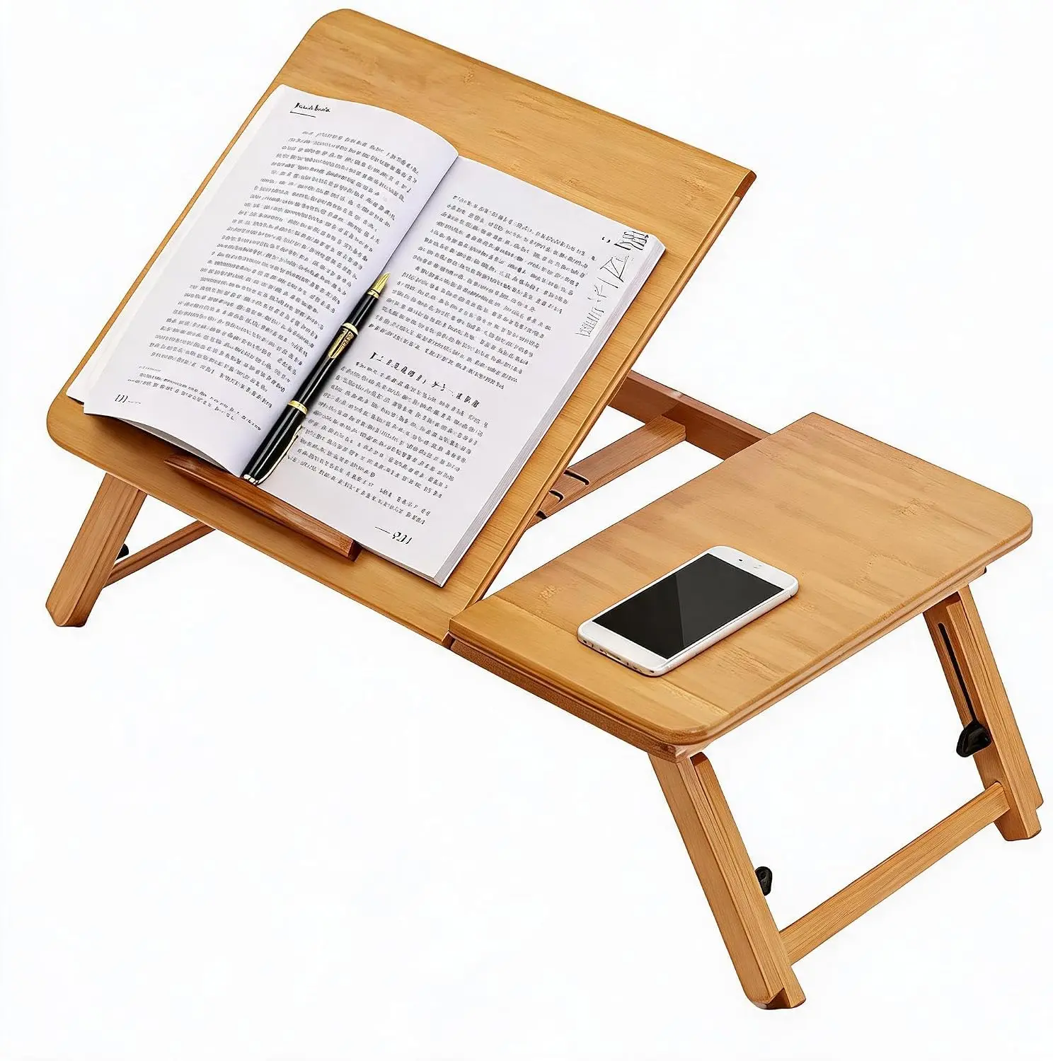 Foldable Natural Bamboo Rectangular Lap Desk with Flat Surface, 5-Angle Tilt, 8.7"-11" Height Adjustable Stand, Side Tray, Ergonomic Design, Portable for Students - 1 Lap Desk, 1 Instruction Sheet