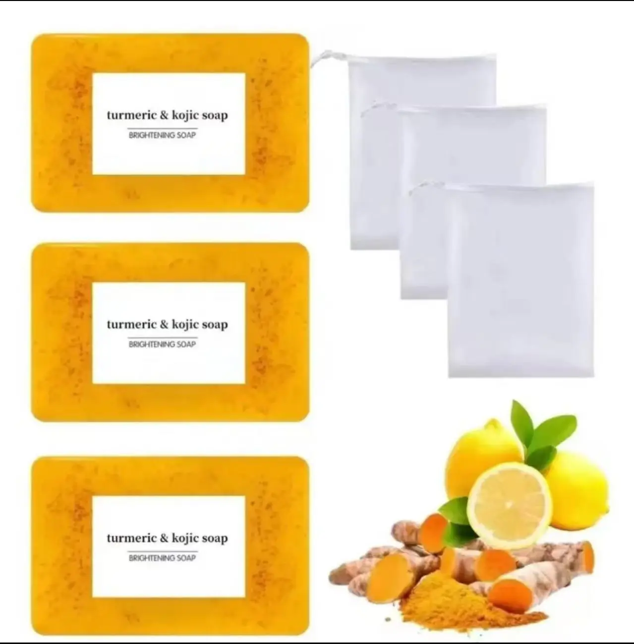 3PCS Lemon Turmeric & Kojic Acid Brightening Soaps - Body Care Exfoliating Cleanser for Men & Women, Summer Acne Face & Body Wash with Soap Saver Bags for Radiance