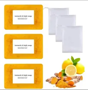 3PCS Lemon Turmeric & Kojic Acid Soap Bar,Summer Acne Face & Body Wash for Men &Women, Daily Skincare Cleanser Sets with SoapSaver Bags,