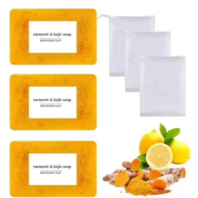 Lemon Turmeric & Kojic Acid Brightening Soaps - Body Care Exfoliating Cleanser for Men & Women, Summer Acne Face & Body Wash with Soap Saver Bags for Radiance