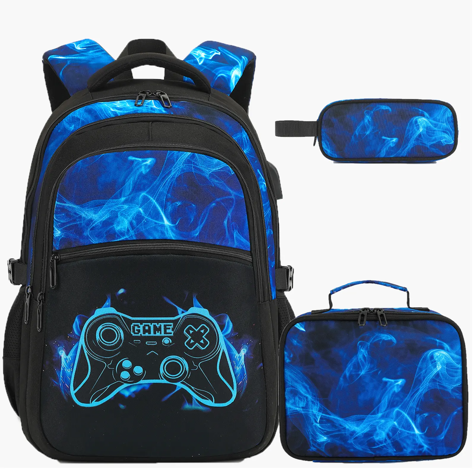3PCS(Boys Backpack with Lunch Bag & Pencil Pouch)-Blue Flame