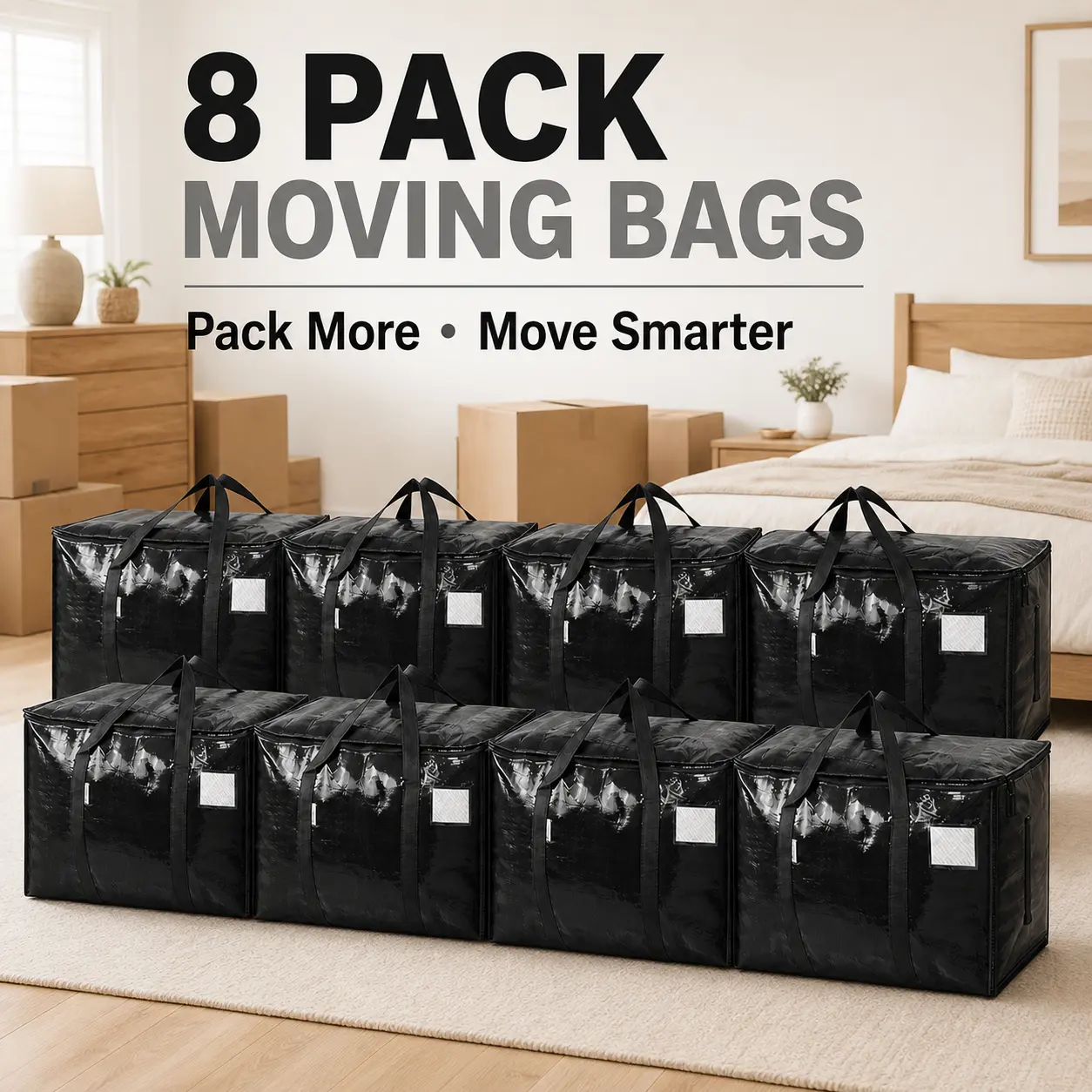 8 Pack Extra Large Moving Storage Bags Heavy Duty with Zippers, Strong Carrying Handles and Clear Tag Pocket, Foldable Reusable Packing Totes for Clothes,Comforters and Dorm Essentials, Water-Resistant Organizer Bags for Moving, Camping and Closet Storage