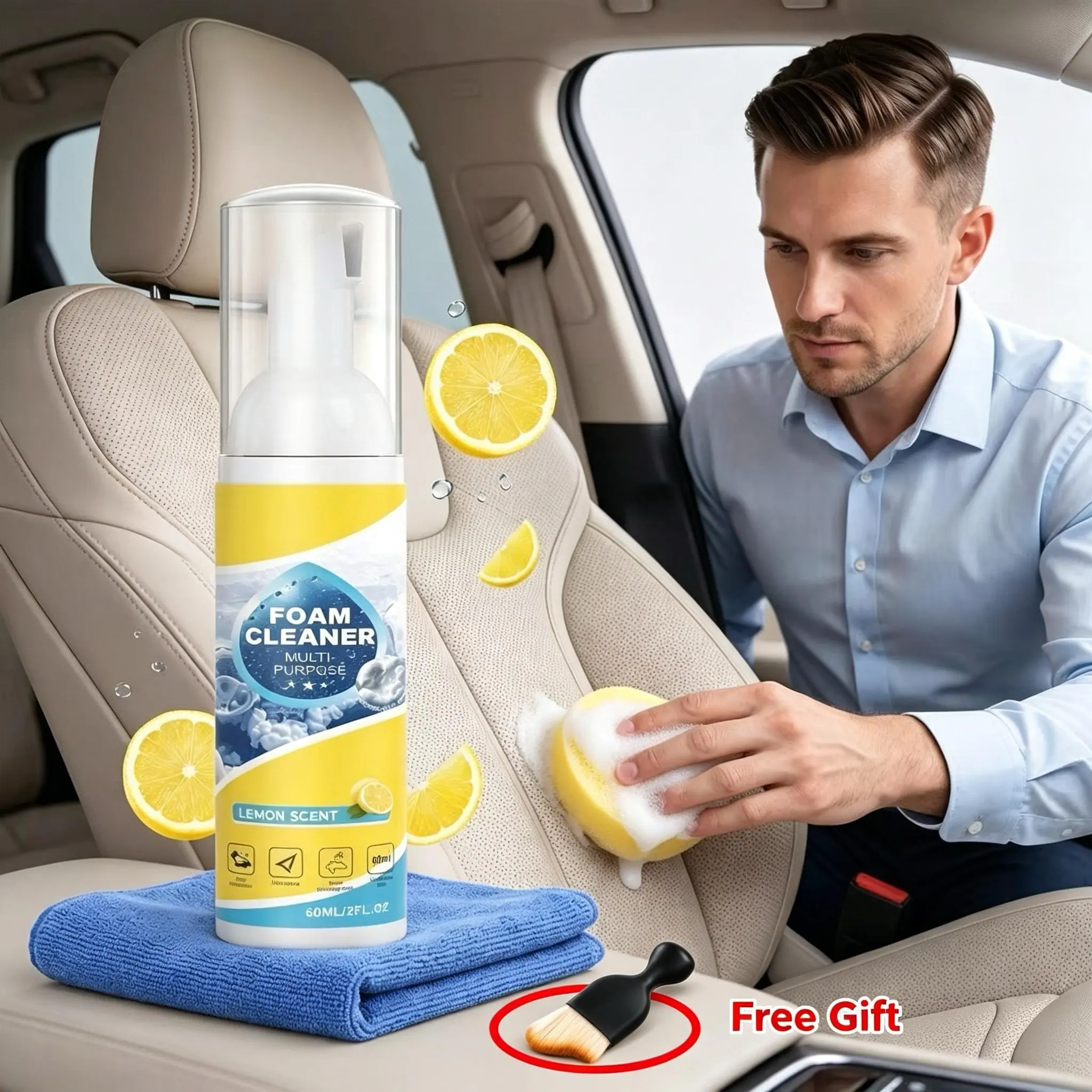Multi-Purpose Foam Cleaner Spray Kit with Sponge & Cloth, Quick Dry Stain Remover for Car Interior Upholstery, Leather, and Fabric Seats, Lemon Scented, Foam Spray