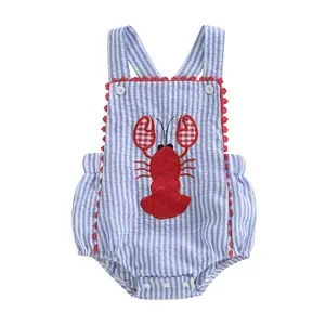 Newborn Baby Girl Crawfish Lobster Romper Overalls Seersucker Striped Ruffle Trim Onesies Bodysuit Outfit Southern Summer Clothes
