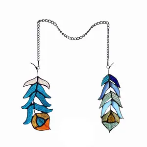 1P607-BL07FT2 RADIANCE goods Double Feather Tiffany-Style Stained Glass Window Panels 7" Tall