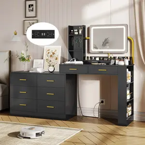 Sikaic LED Makeup Dressing Vanity Table with Mirror and Charging Station & Drawers Tabletop Shelves Furniture Bedroom