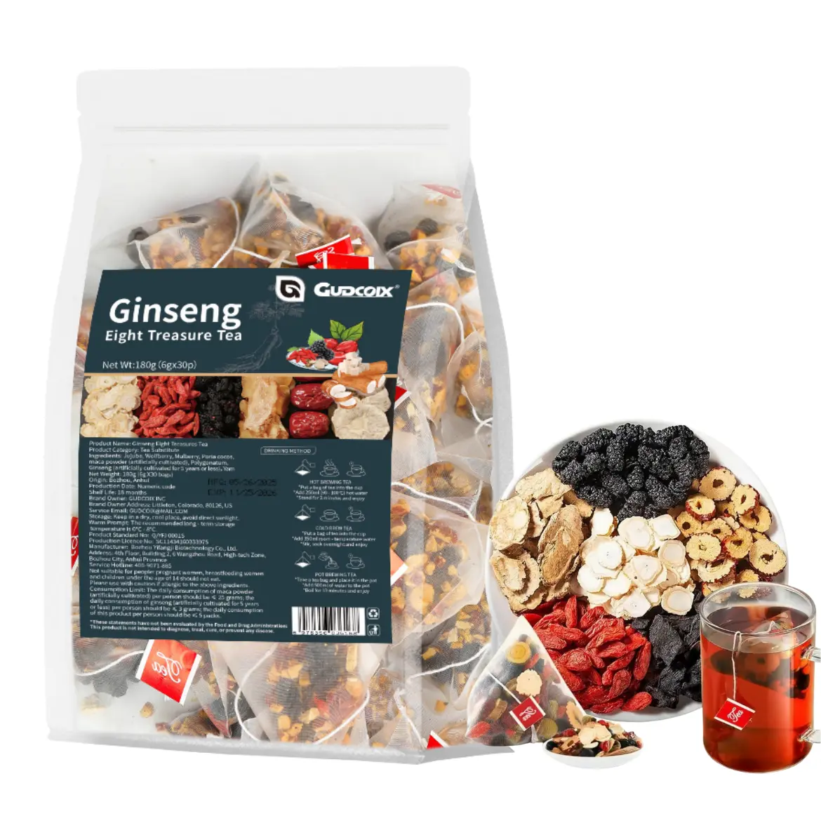 Gudcoix Ginseng Eight Treasure Herbal Tea Bags – 30 Bags 180g Natural Ginseng Wolfberry Mulberry Blend for Daily Wellness & Energy Boost - Traditional, Organic Kidney Tea, Beverage