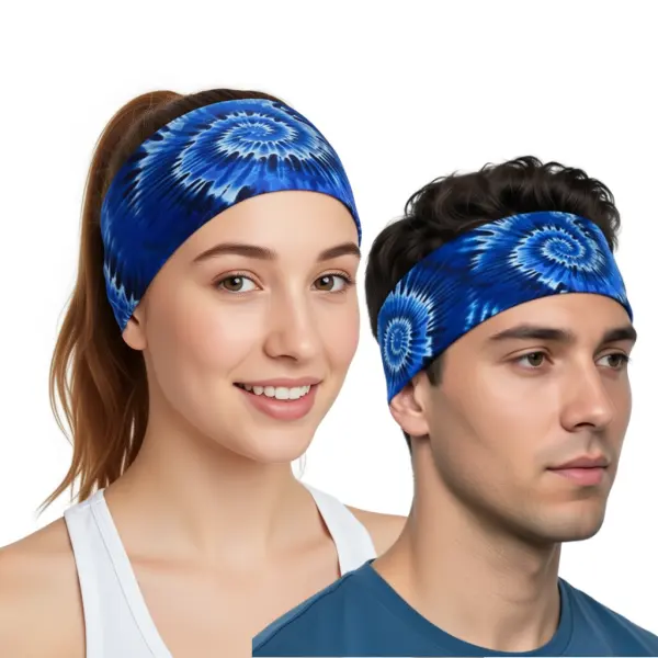 RAVEbandz The Pro Blue Tie Dye Wide No Slip Headband, Festival Stretch Hair Band, Boho Hair Accessory, Moisture Wicking Headband for Travel, Hiking & Everyday Wear
