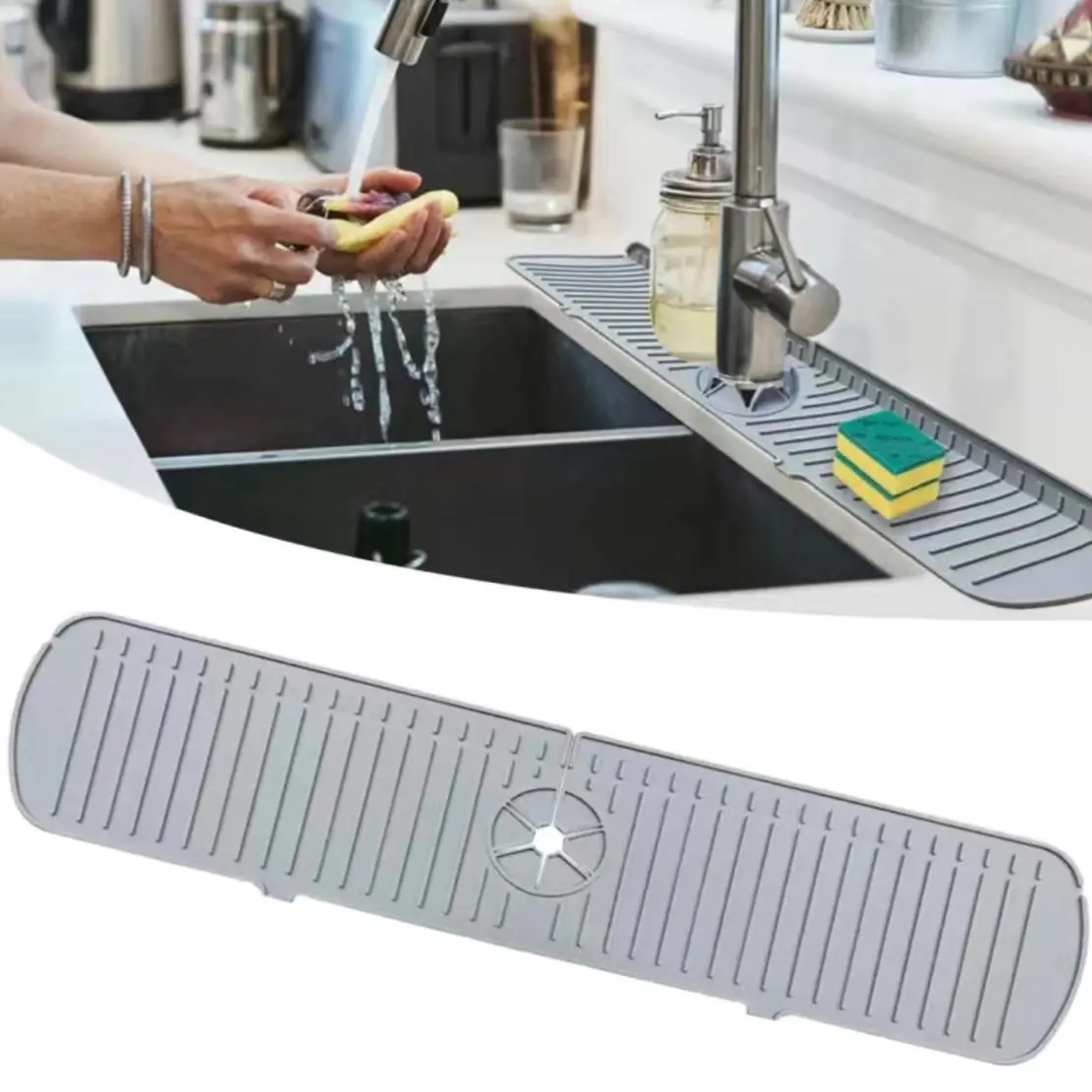 Silicone Faucet Mat with Drip Filter Tray, 1 Count Kitchen Sink Faucet Dish Soap Sponge Holder, Splash Guard for Bathroom & Kitchen Faucet, Sink Fauce