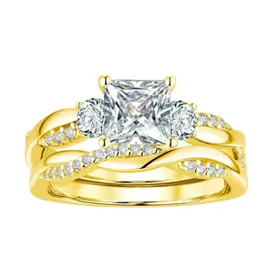 VOWSERING Luxury 1.5CT Square AAAAA CZ Yellow Gold Plated Wedding Ring Set for Women Engagement Ring