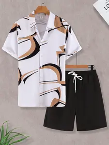 Two-Piece Set Men's Various Pattern Print Short Sleeve Pajama, Regular Fit Casual Comfy Button Front Collared Top & Drawstring Waist Pocket Design Shorts PJ Set, Men's Summer Sleepwear, Casual Pajamas Outfit