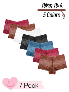 Romantic Lace Fashion Women's Briefs, Soft Comfortable Breathable Transparent Sheer Lace Underwear, Suitable for Dates Daily Special Occasions, 7 Pack