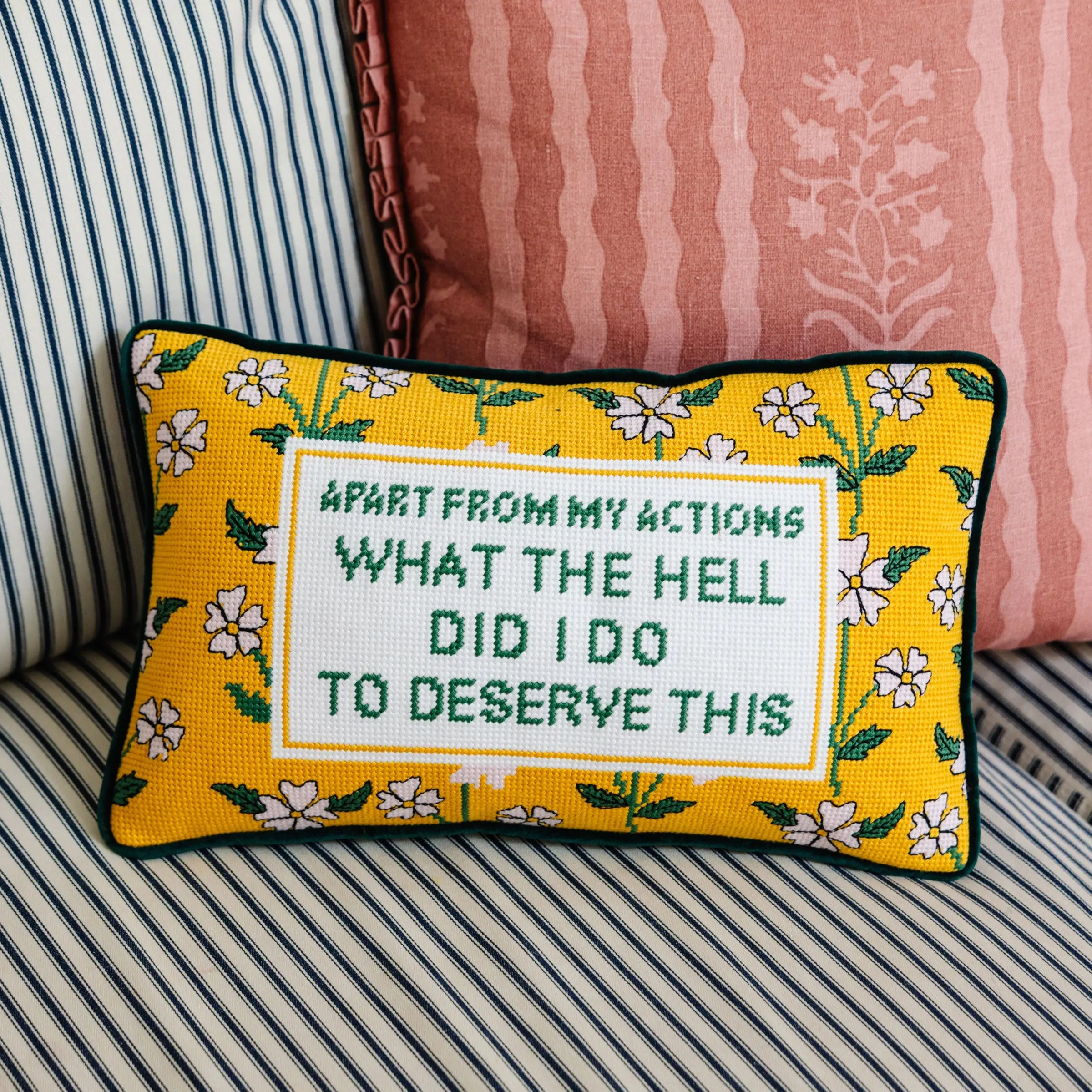 Humor Themed Velvet Needlepoint Pillow, Bold Stitch Playful Print, Small Size Decorative Accent for Bedroom, Perfect Gift for Home Soft Furnishings