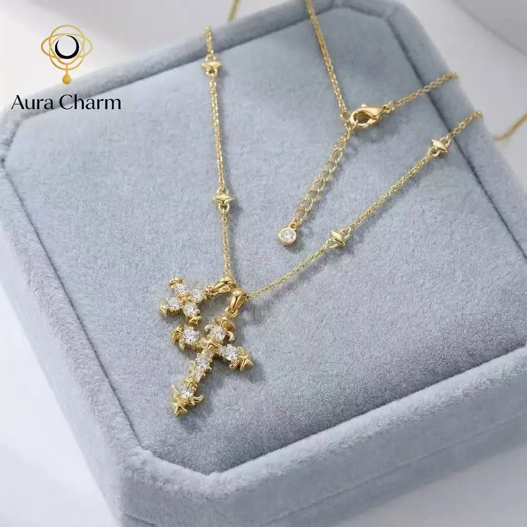 Iris Cross Long Necklace Faith Symbol Fashion Pendant Necklace Skin-Friendly Low-Sensitivity Versatile Jewelry Unisex Elegant Daily & Festival Gift