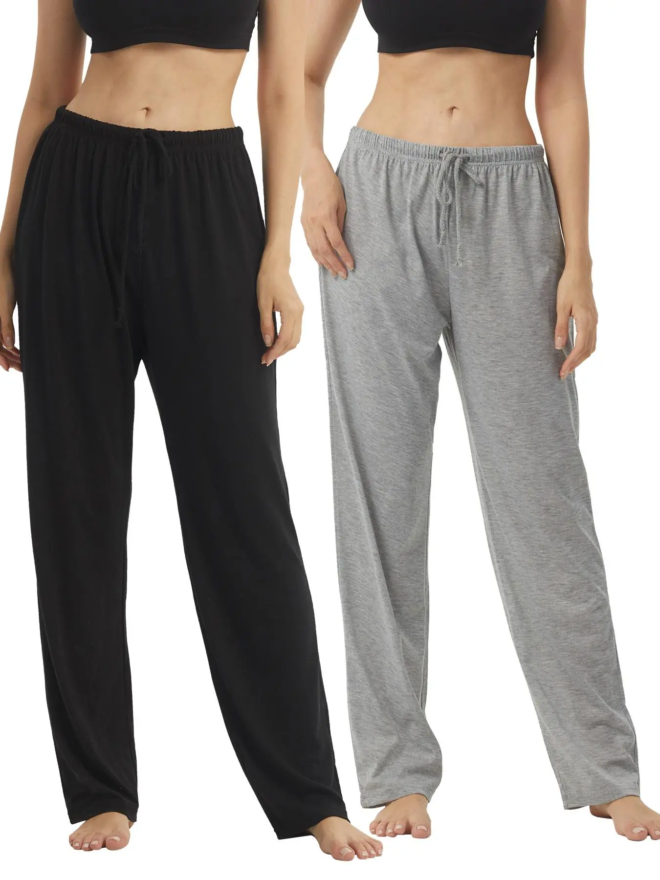 Women's 2pcs Basic Solid Drawstring Waist Sleep Pants, Casual Everyday Comfy Breathable Pocket Design Fitted Elastic Waist Sleep Trousers, Soft Pajama Pants for All Seasons, Comfy Loungewear for Women, Nightwear, Homewear, Womenswear, Pjs, Fabric