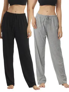 Women's 2pcs Solid Drawstring Waist Sleep Pants, Casual Comfy Pocket Design Elastic Waist Sleep Trousers, Soft Pajama Pants for All Seasons, Comfy Loungewear for Women, Nightwear, Womenswear