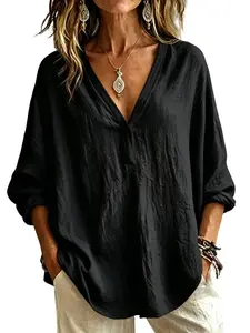 2026 New Arrival Women's V-Neck Long Sleeve Top, Casual Loose Fit Pure Color Shirt, Spring Summer Fashion, Eu/us Size, Womenswear, Casual Basic Top