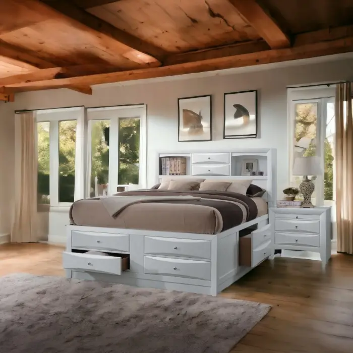 Acme 21700Q-4PC Ireland White Finish Wood Queen Bed Storage Headboard Complete Bedroom Set, 4 Underbed Drawers, Nightstand, 91" x 63" x 56" H, Assembly Required, Bedroom Storage Solution & Decor