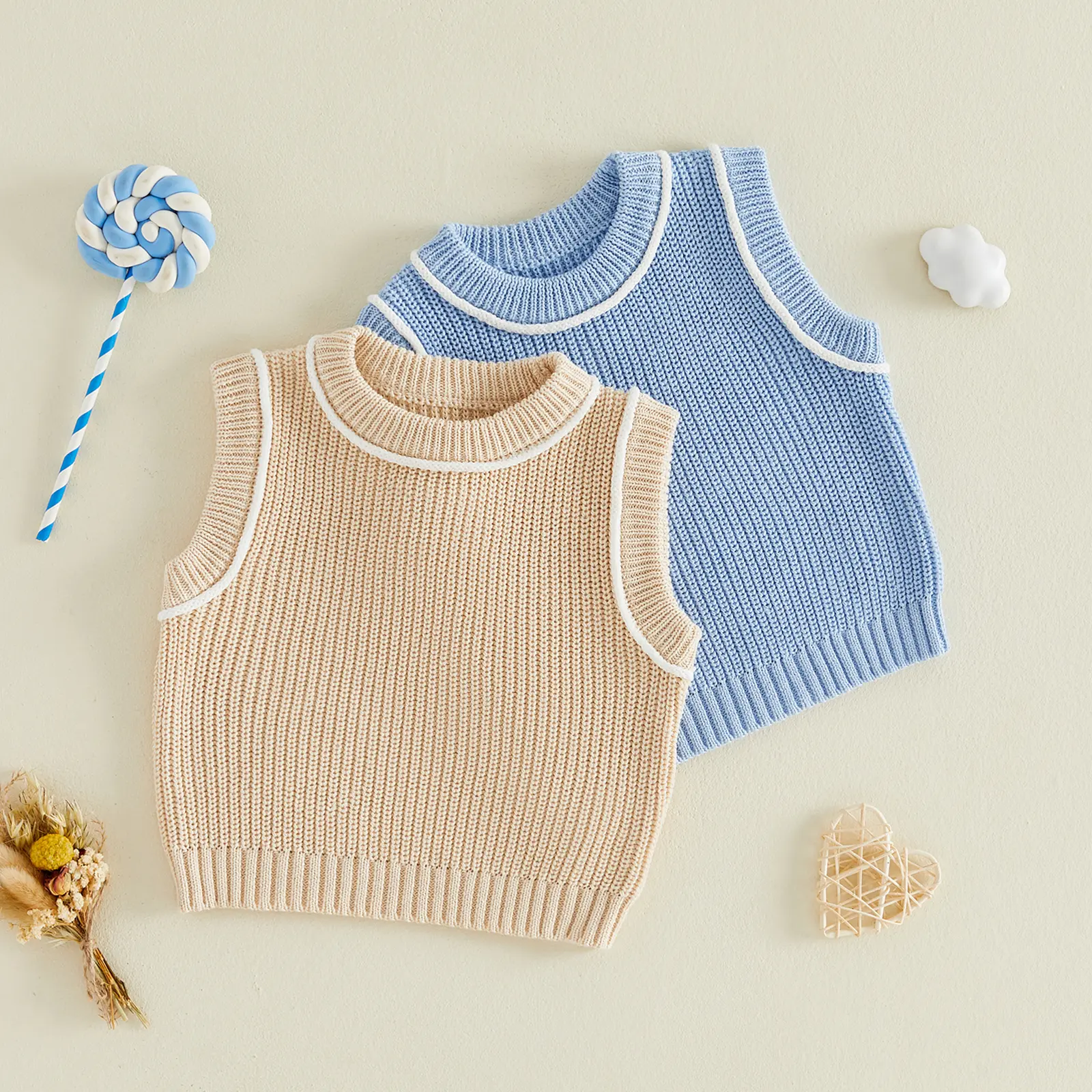 Babamoon Kids Toddler Baby Boys Girls Knitted Sweater Vest Contrast Color Sleeveless Crew Neck Sweater for All Season Wear