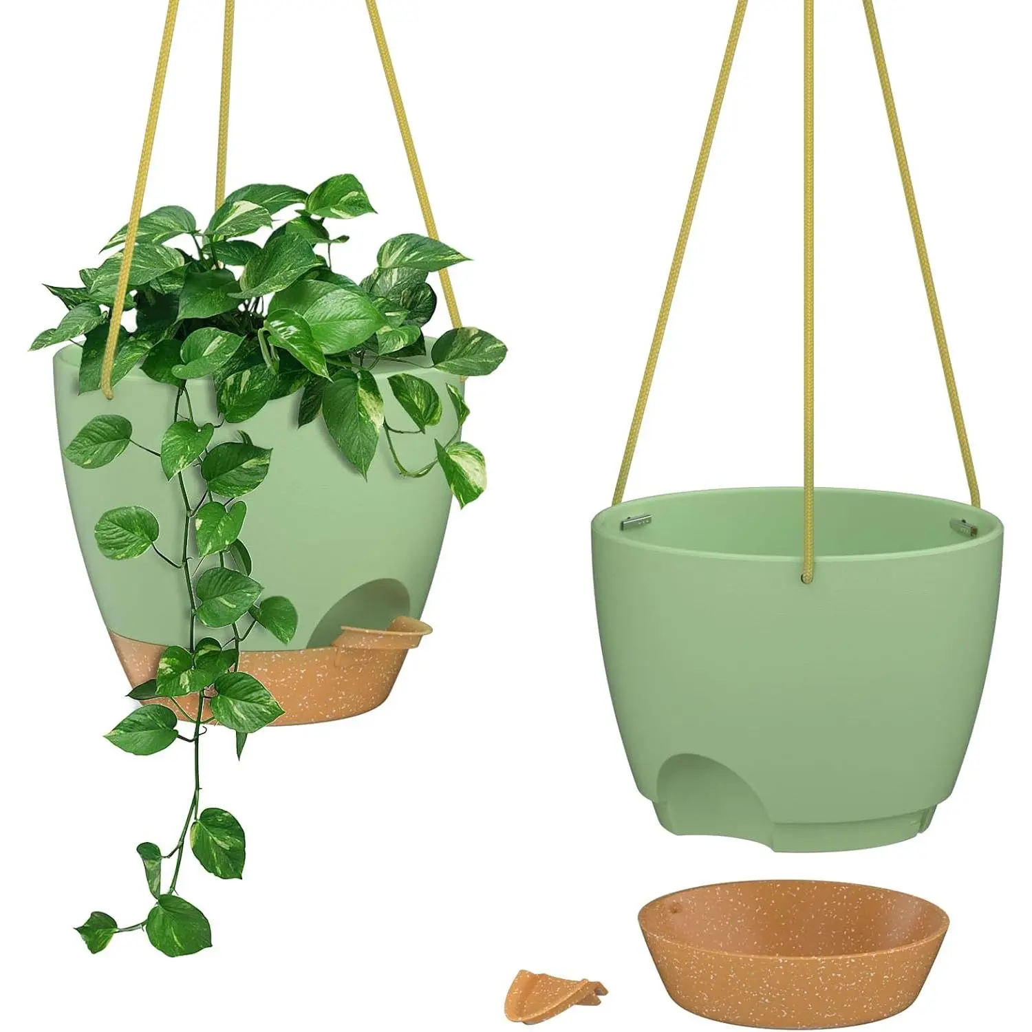 10 Inch Hanging Planters for Indoor Outdoor , 2 Pack Self Watering Hanging  Pots with Drainage Holes and Removable Saucer, Plastic Flower Hanging Pots with Watering Lip (Green)