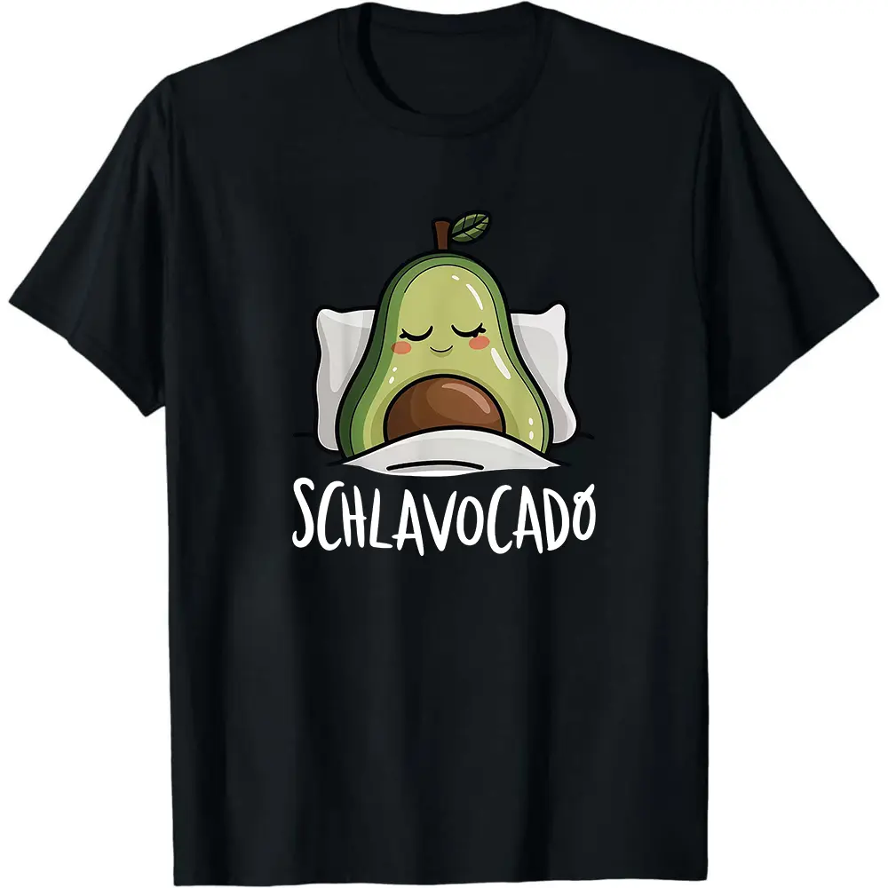 Women's Short-Sleeve T-Shirt "SCHLAVOCADO" Fun Avocado Sleeping Face Print Casual Crew Neck Loose Fit Top, Suitable for Spring, Summer, and Autumn, Soft Stretchy Skin-Friendly Breathable Fabric, Daily Relaxed Energetic Fashionable Versatile Style