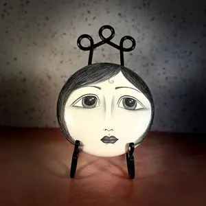 Vintage Handpainted Circular Ceramic Face Sculpture - Moon with Open Eyes - Signed J Alverez