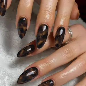 Brown Press On Nails Almond Medium, Amber Leopard Print Nails Press ons, Marble Design Full Cover Tortoise Shell Fake Nails With Glue, Reusable Soft Gel Glue on Nails for Women 24 Pcs