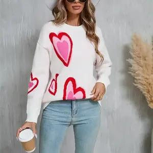 Women's Heart Print Sweaters, Long Sleeve Round Neck Oversized Pullover Spring Fall Tops, Women's Valentine's Day Loose Sweater, Long Sleeve O Neck Heart Print Knitwear, Women's Knitwear