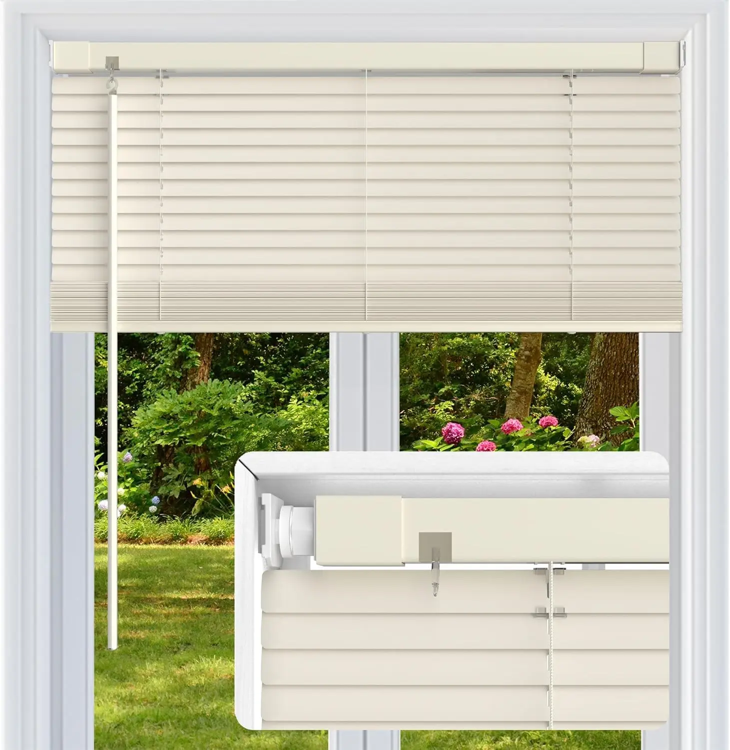 No Drill No Tool 1" Vinyl Mini Blinds, Light Filtering Horizontal Window Blinds & Shades, Cordless Blinds for Windows, 28" W X 48" H, Cream