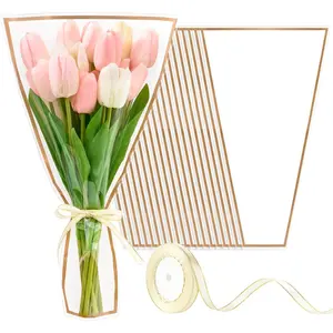 50 Packs White Flower Bouquet Wrapping Bags with Ribbons, Durable Plastic Flower Bouquet Wrapping Supplies for Mother'S Day, Graduation, Wedding, Birthday Bouquets