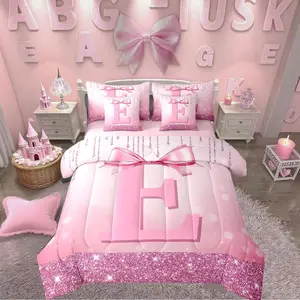 Kids Pink Bowknot 7 Pieces Bedding Set for Teens Girls Princess Initial E Comforter Set with Sheets Monogrammed Glitter Bow Bed in A Bag Personalized Alphabet Bed Set,Gifts