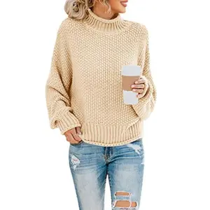 Women's Chic Long-Sleeve Turtleneck Oversized Bulky Knit Sweater - Batwing, Loose Pullover Top with Fits for Casual, Aesthetic Looks
