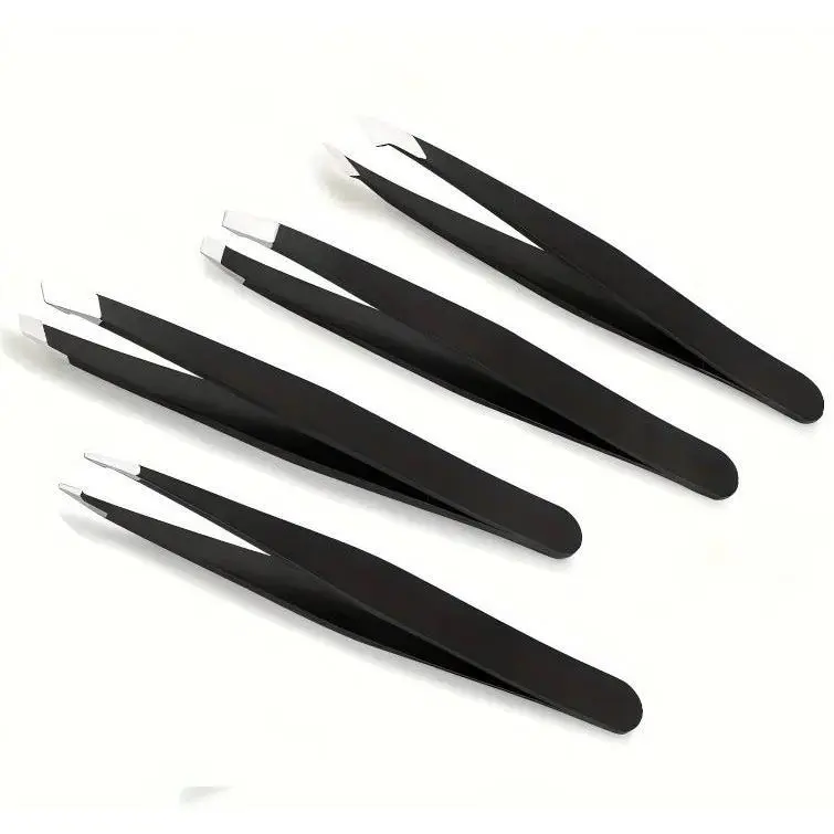 4-Piece Stainless Steel Tweezers, Cosmetic Precision Tool with Multiple Tips for Eyebrow Shaping, Ingrown Hair Removal & Makeup Routine for Men & Women, Easy Cleaning, Eyebrow/Groom, Long Lasting, Metal, Four Pieces