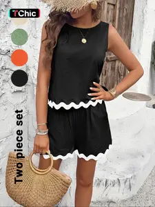 Women's Tank Top & Shorts Two-Piece Set, Casual Sleeveless Fitted Top & Shorts for Summer, Ladies Clothes for Daily Wear