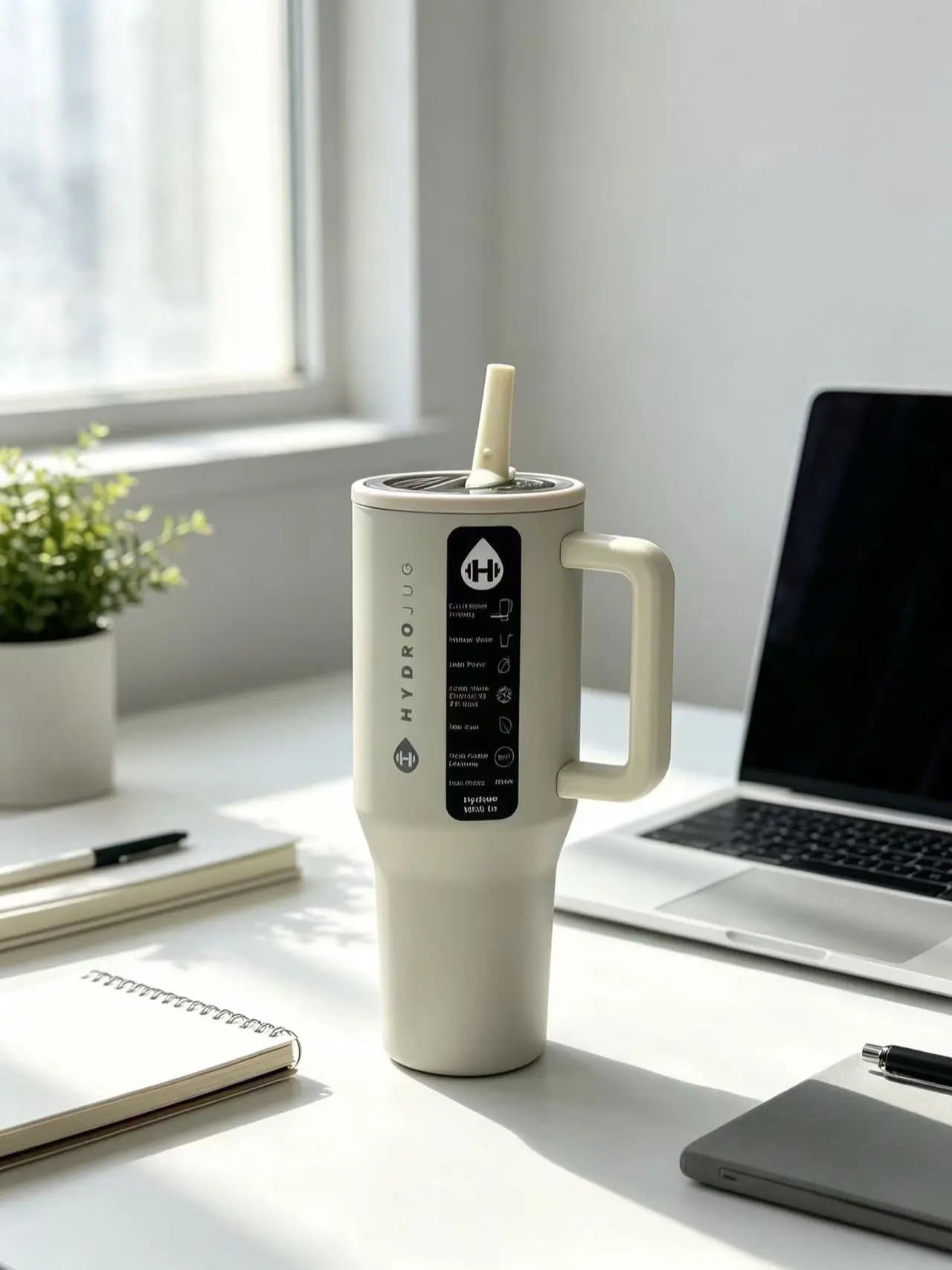 HydroJug 40oz Cream White HydroJug Insulated Tumbler with Handle and Straw, 40oz Double Wall Vacuum Stainless Steel Travel Mug