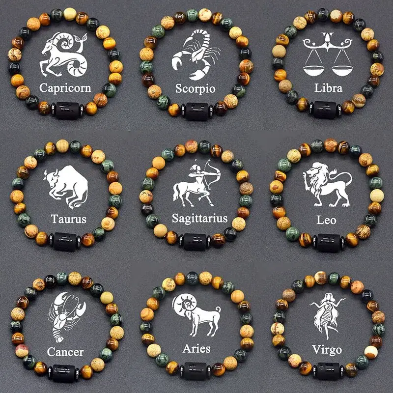Boho Zodiac Sign Birthstone Bracelet for Men and Women, Adjustable Non-natural Crystal Beaded Jewelry on a Stretch Rope Cord, Friendship Gift, Cancer, Virgo, Libra, Non-Natural Crystal Bracelets & Anklets, Star, Casual, Female